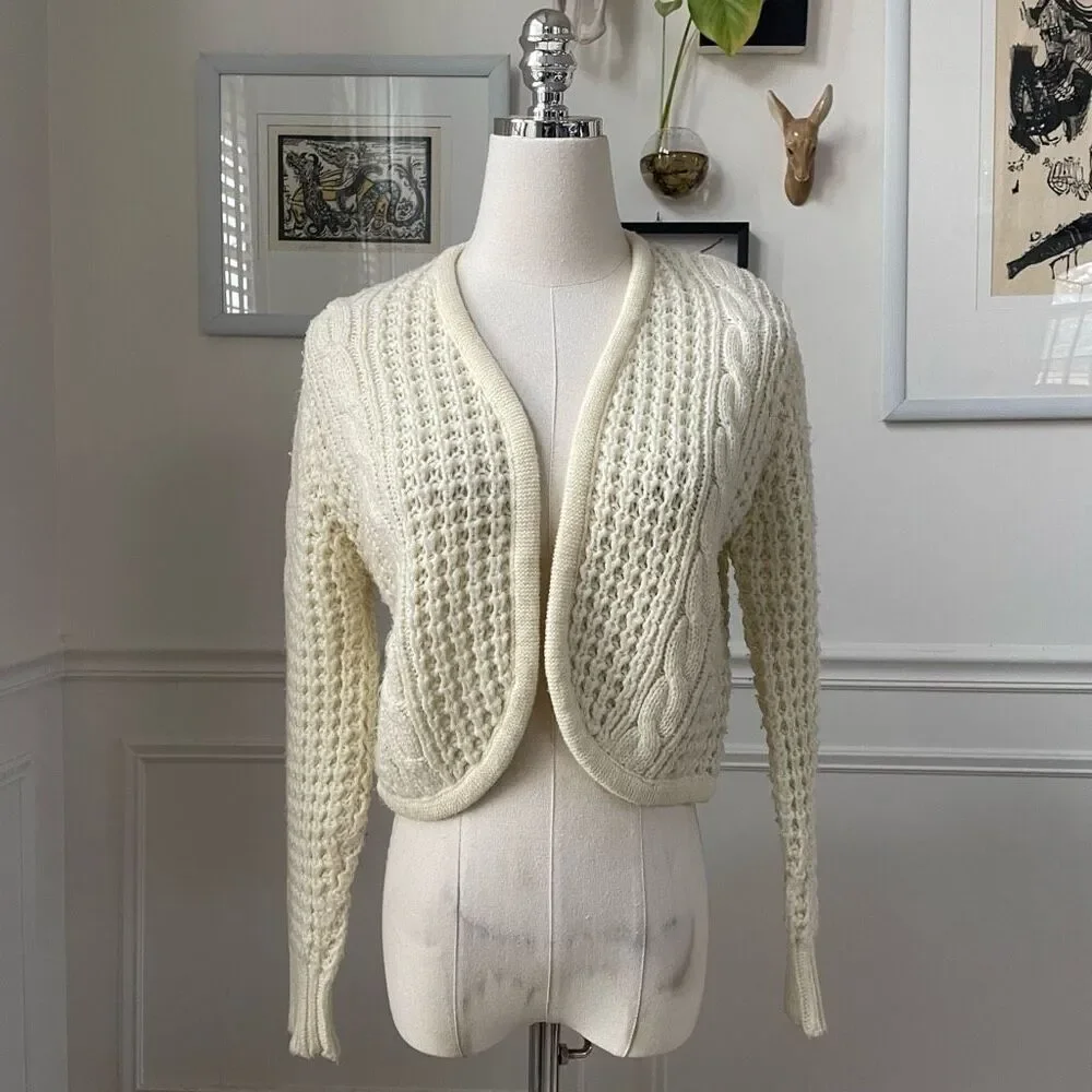Vintage 80s Exclusive Imports Cropped Cardigan Sweater Fisherman Knit Ivory S M - Picture 2 of 7